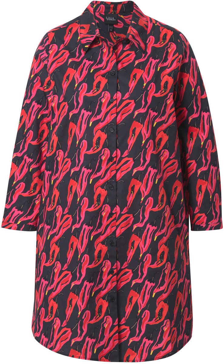 Ulla Popken - Dames - Lange blouse peperoni overhemdkraag lange mouw - Zwart - Maat 54+