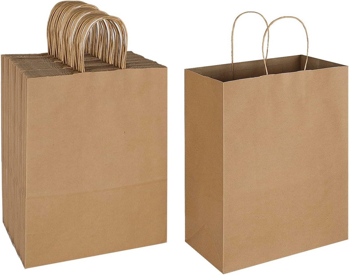 Set van 50 Grote Effen Natuurlijke Papieren Geschenkzakken met Handgrepen