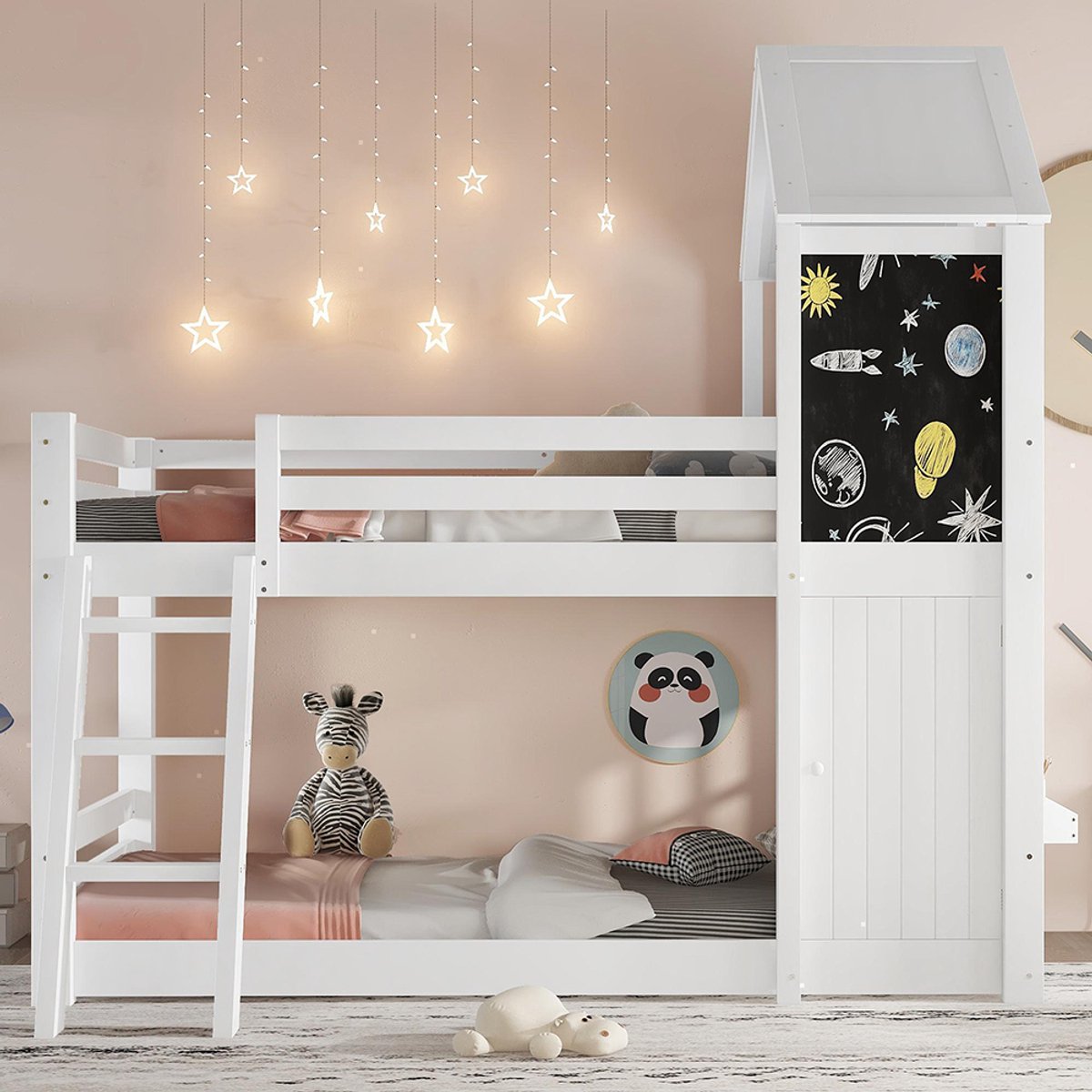 BLACKCOLORS Stapelbed, kinderbed, met een deurtje en een bord, mooie ramen en dak, schuine ladder met drie treden, stabiele lattenbodems, dennenhout + MDF + PB + multiplex, wit, 90 x 200 cm