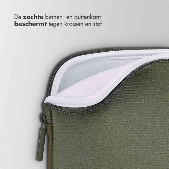 Zachte binnen- en buitenkant van een groene laptoptas, met rits geopend en bescherming tegen krassen en stof.