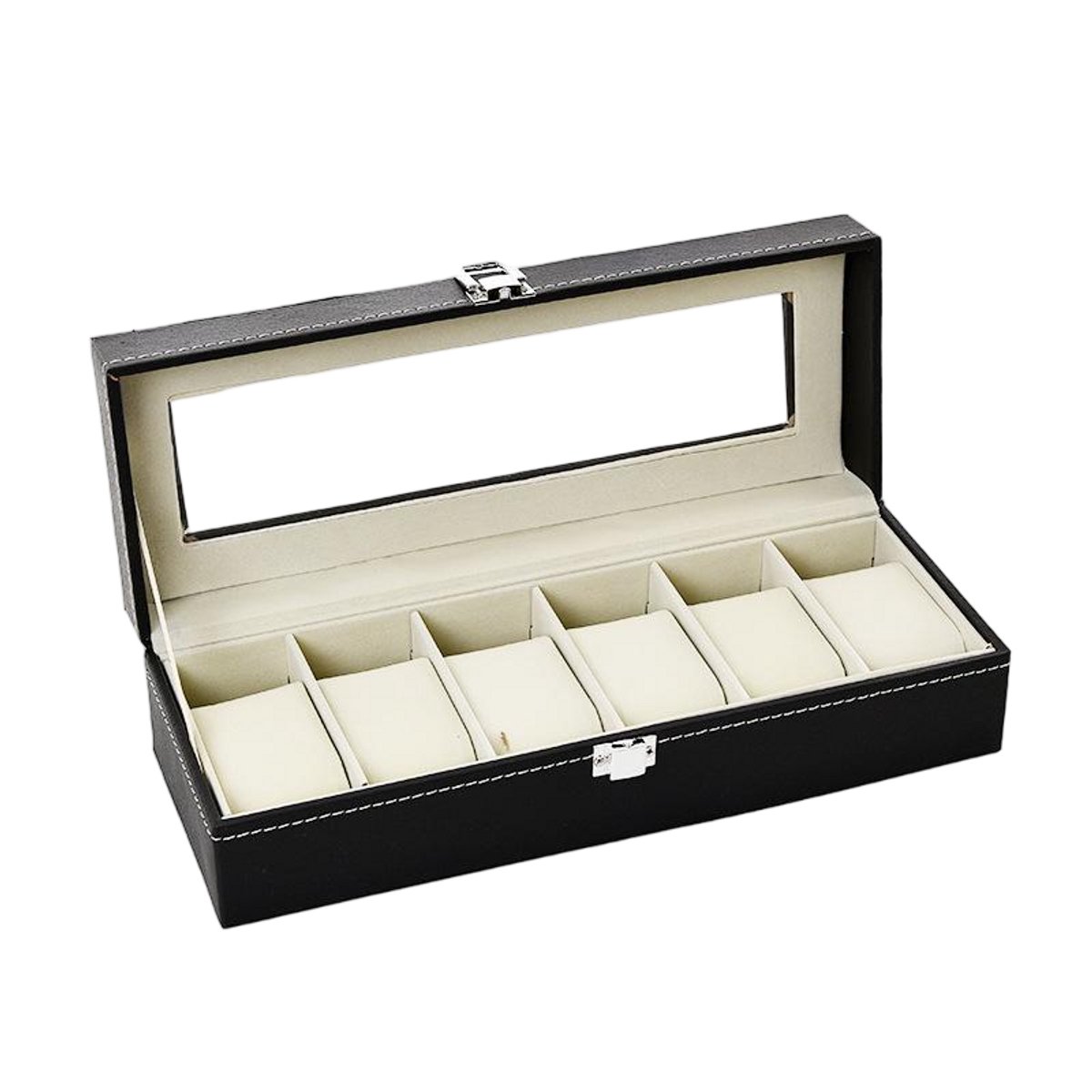 Horlogedoos van PU-leer - Horlogedoos met 6 vakken - 30*11*8 cm - Horlogedoos met transparant venster - Opbergdoos voor horloges - Horlogeverzameldoos - Horlogeorganizer - Horloges niet inbegrepen