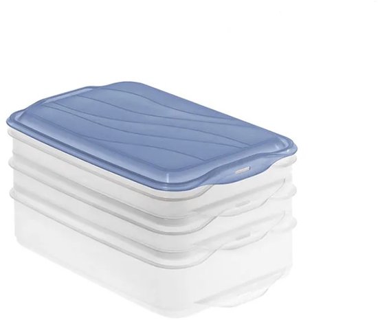 Boîte de conservation alimentaire transparente avec couvercle bleu ondulé, empilable.