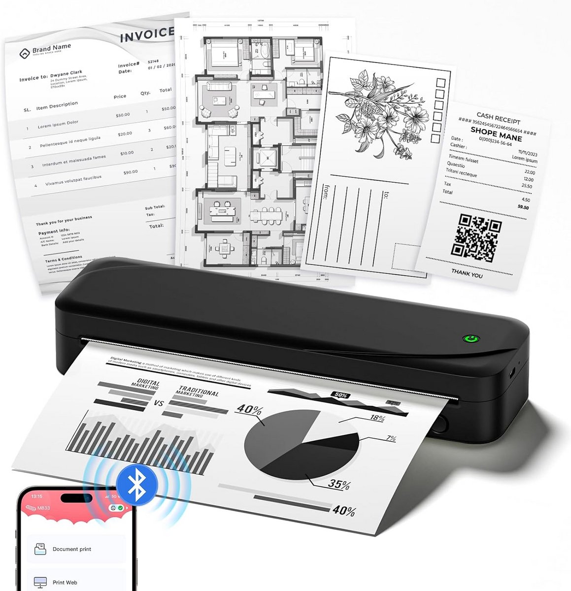 Draagbare Thermische Printer A4 - 300 dpi, Voor PC en Telefoon, Ideaal Voor Kantoor en Reizen