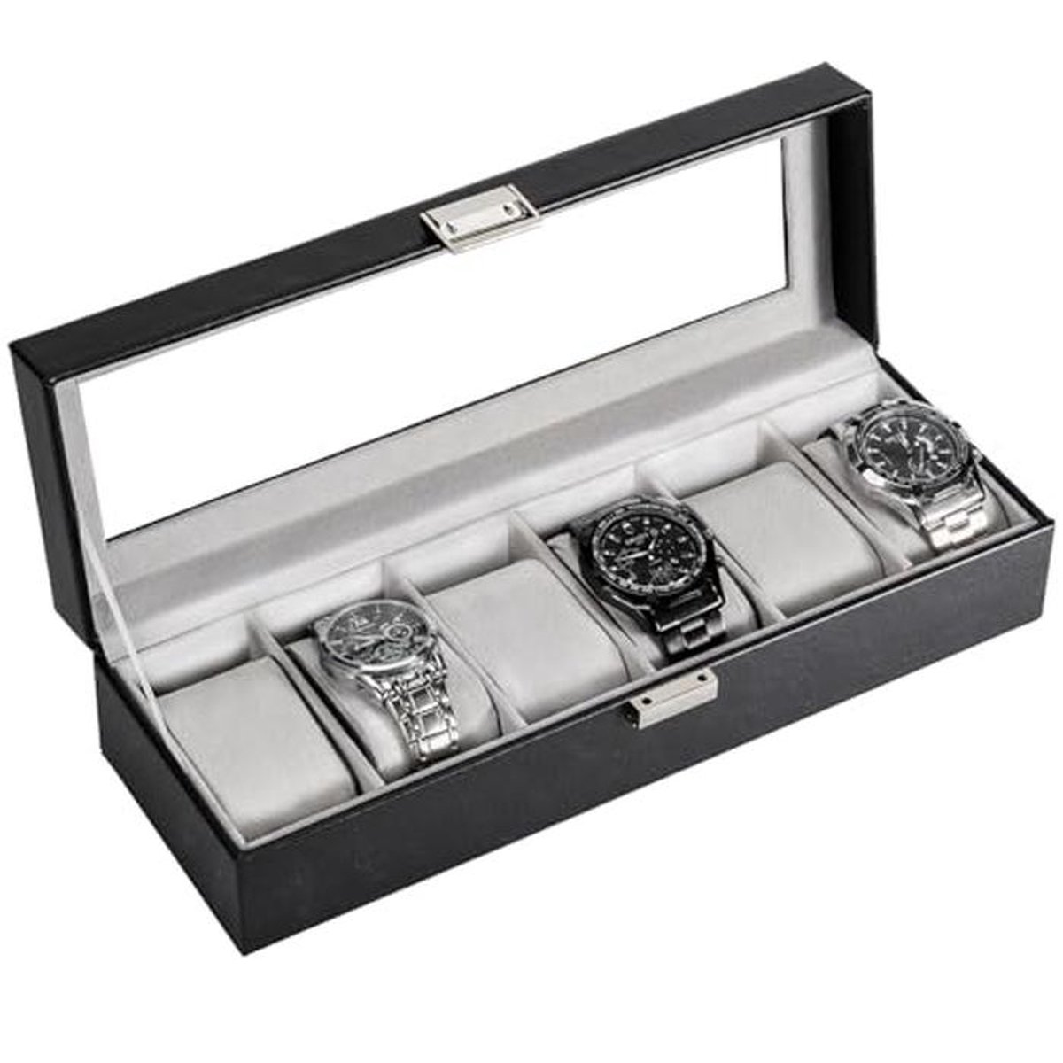 Horloge Box met 6 Compartimenten, Premium Horloge Opberger met Glazen Deksel