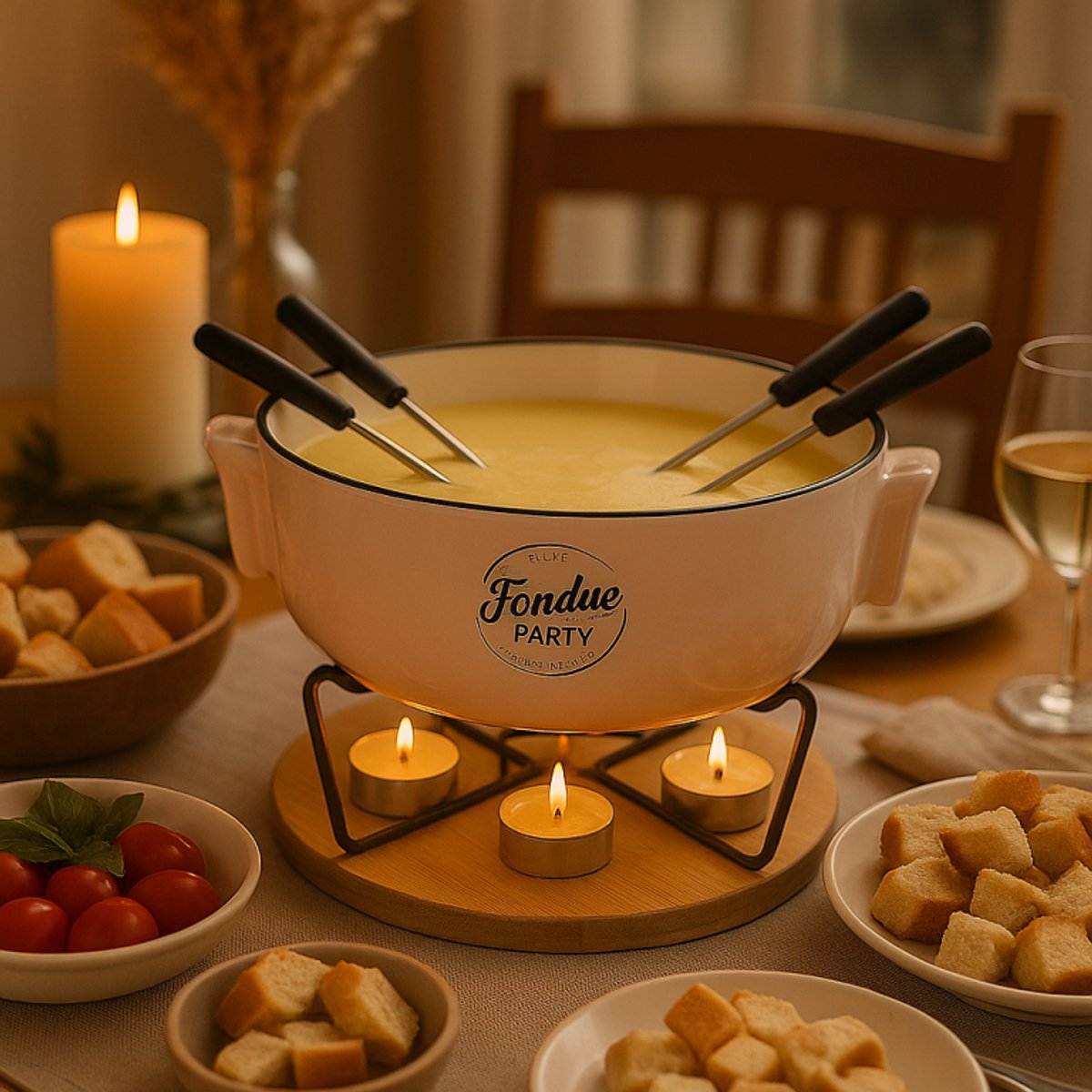 Fondue Set voor 4 Personen – Porseleinen Fonduepan met Bamboe Onderplaat – Inclusief Vorken – foto 3