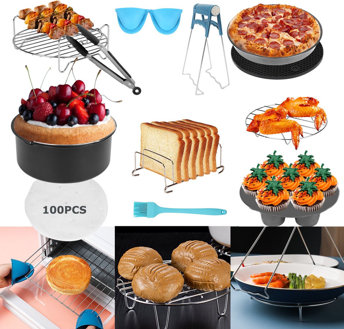 12-delige accessoire set voor heteluchtfriteuses Compatibel met ovens en magnetrons Siliconen accessoires 7-inch