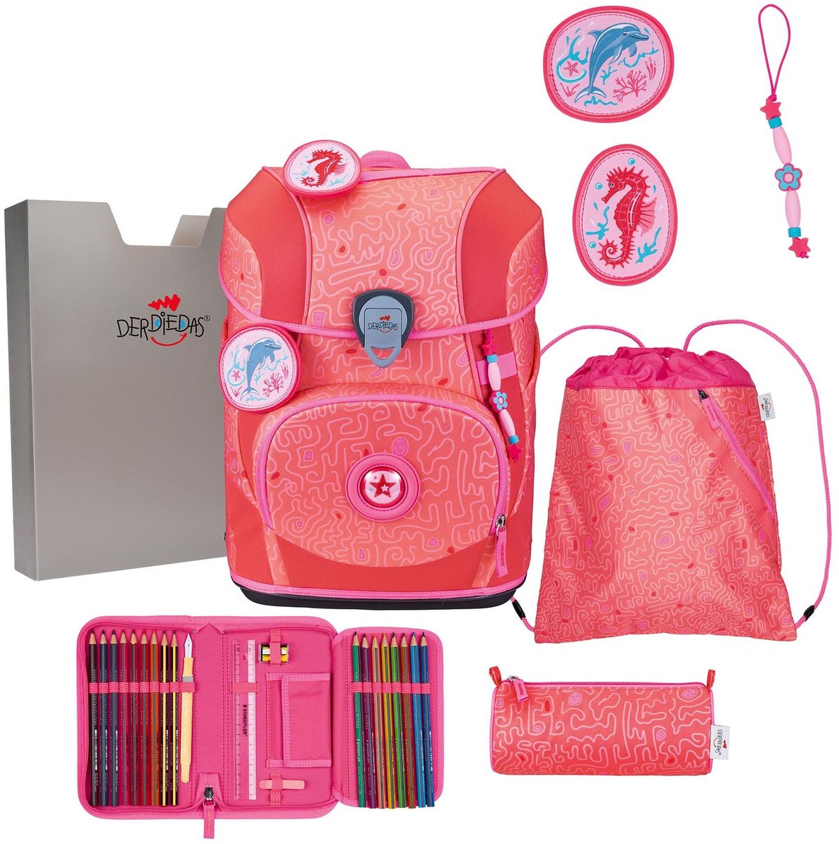DerDieDas schooltas ErgoFlex Tiny Superflash Set 6-delig Coral Reef zalmroze