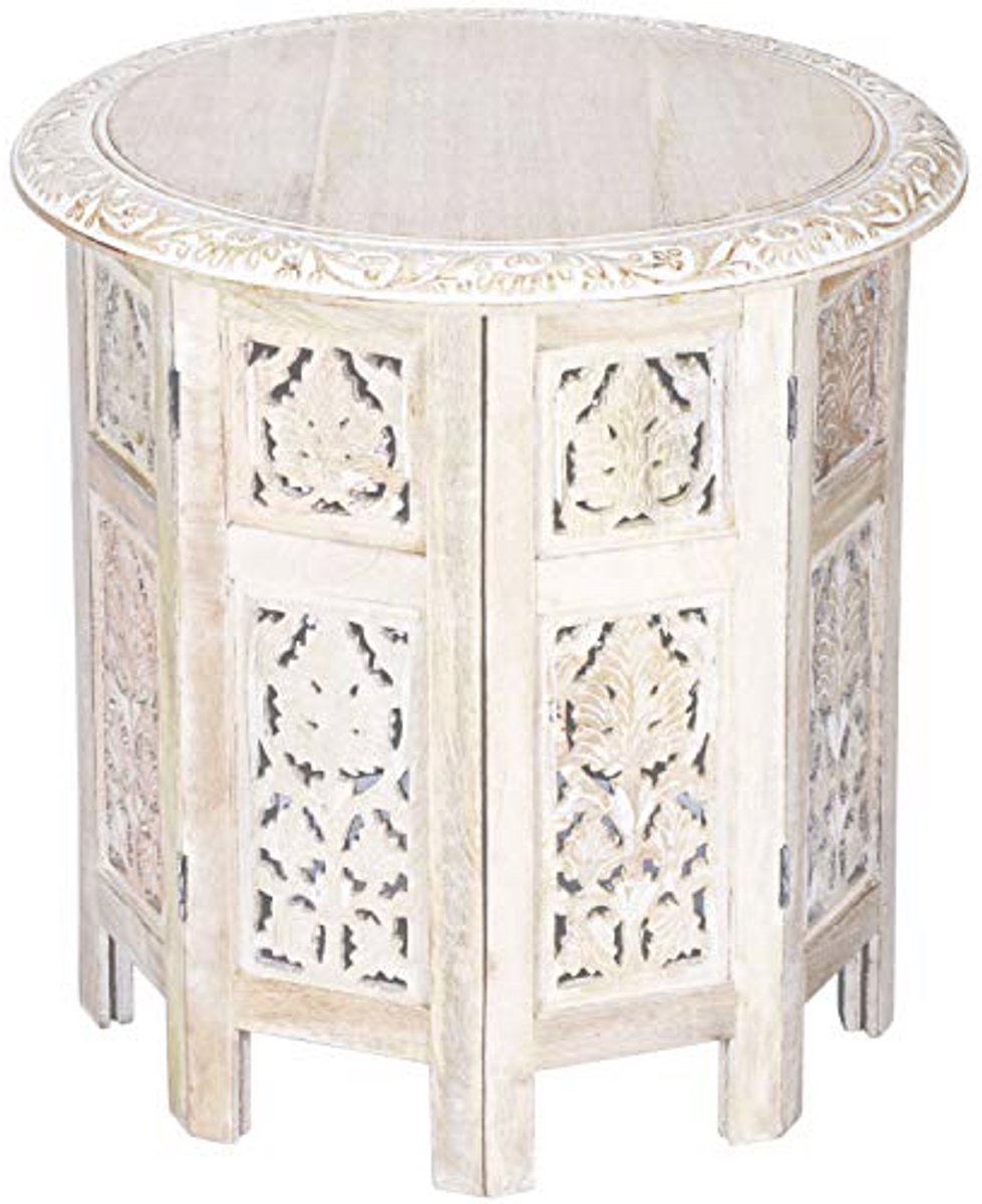 Ronde Bijzettafel van Hout - Oosterse Klaptafel met Shabby White Afwerking (Ø 45 cm)