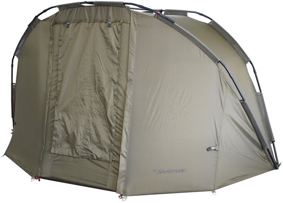 Bruine tent met gesloten voordeur, zicht op linkerzijkant.