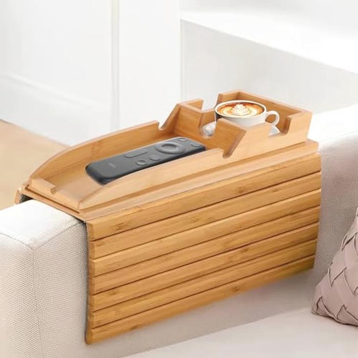 Flexibel bamboe bankdienblad voor armleuning - Antislip dienblad voor snacks en drankjes