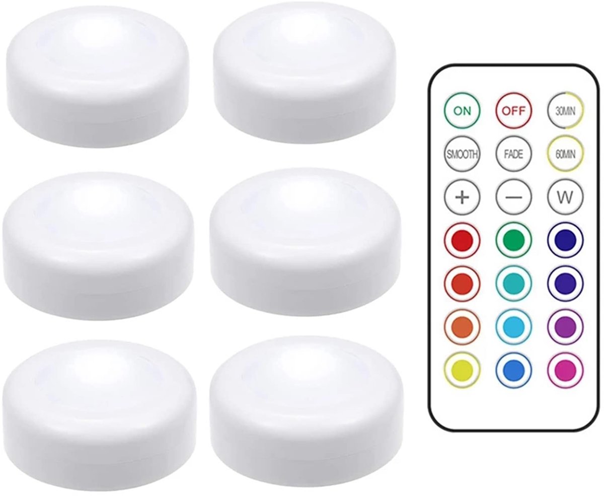 Puck Light met afstandsbediening en timer, 6x LED, wit, kunststof, 13 kleuren + 2 standen, 40 lumen, 4000K, IP42, 0,4W, 3V, 100mA, 6x6x2,5cm, batterij (3x AAA), decoratie, binnenverlichting
