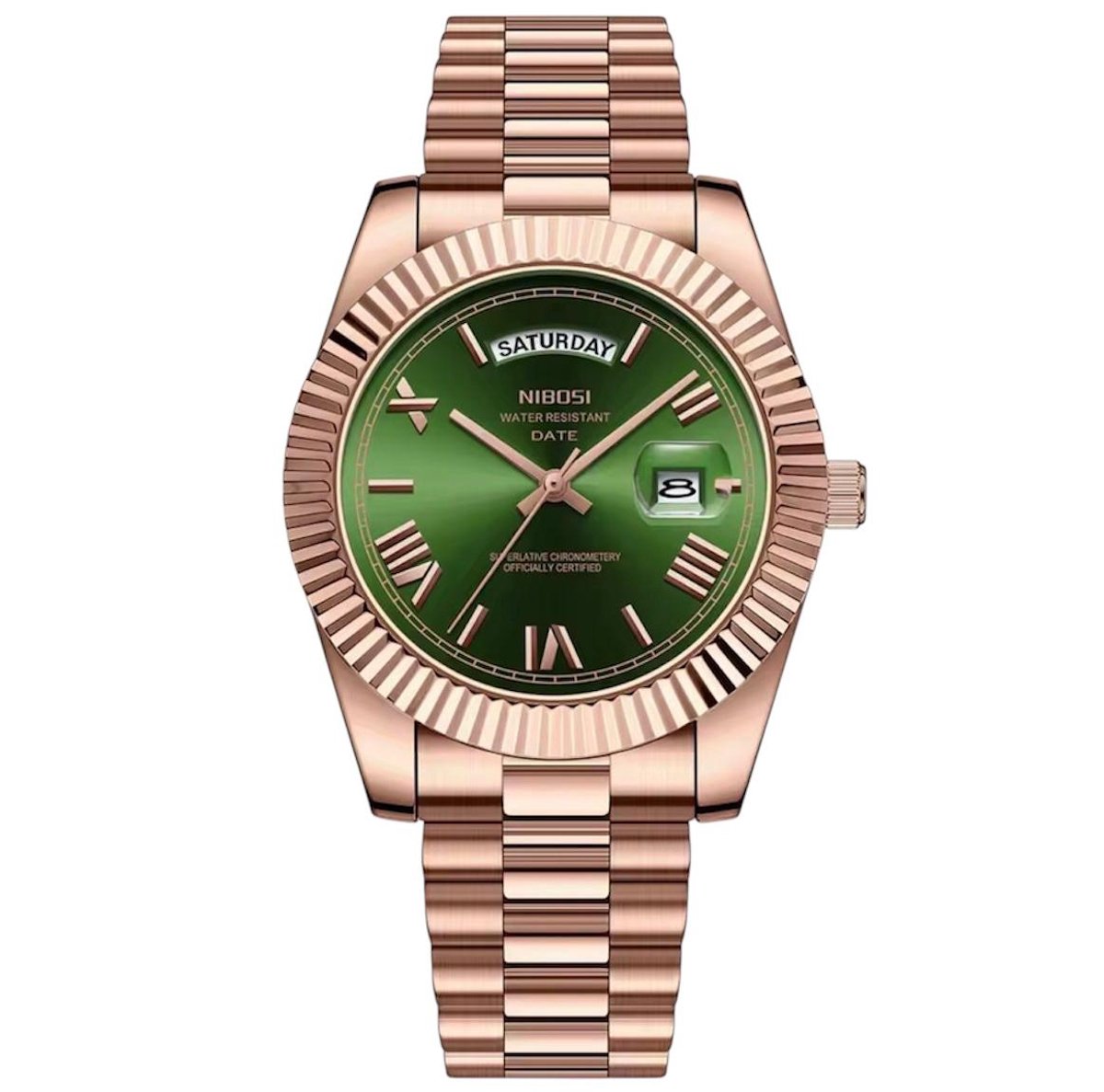 Nibosi - Herenhorloge - Polshorloge - Heren - Horloge - Horlogedoos - Mannen - Rosé Groen - RVS