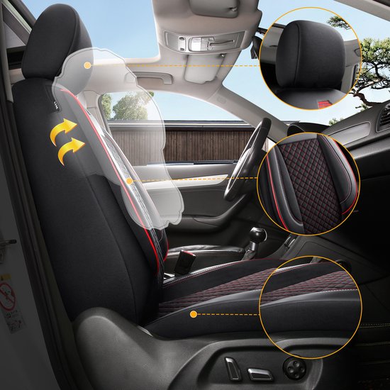 Housses de siège de voiture pour Volkswagen T-Roc 2017 sur mesure| Ensemble de 2 pièces | Siège conducteur + passager série AIS | AIS101 | Zwart avec coutures rouges
