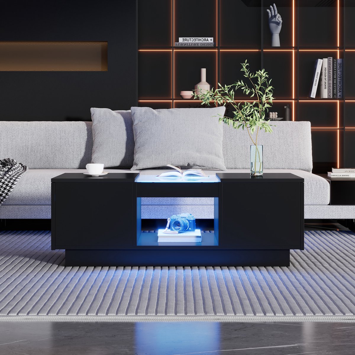 MODFU Zwarte salontafel 100x50x35,5 cm met glazen blad, LED-verlichting, app-bediening, 2 lades en open vak