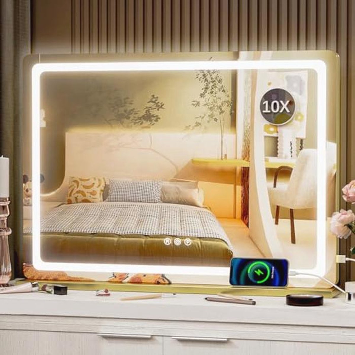 Grote LED Make-upspiegel met USB-oplaadpoort en Dimbare Verlichting