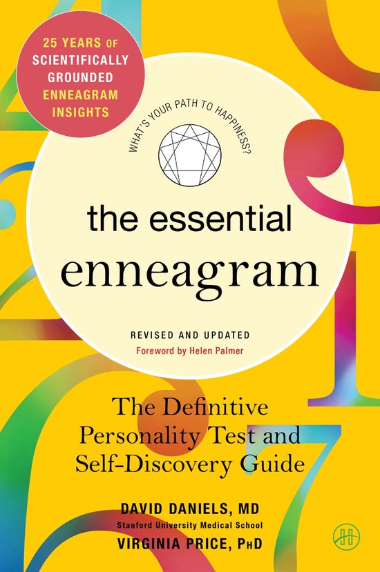 Boek: "The essential enneagram", "The Definitive Personality Test and Self-Discovery Guide". Geel met tekst en Enneagram-symbool.