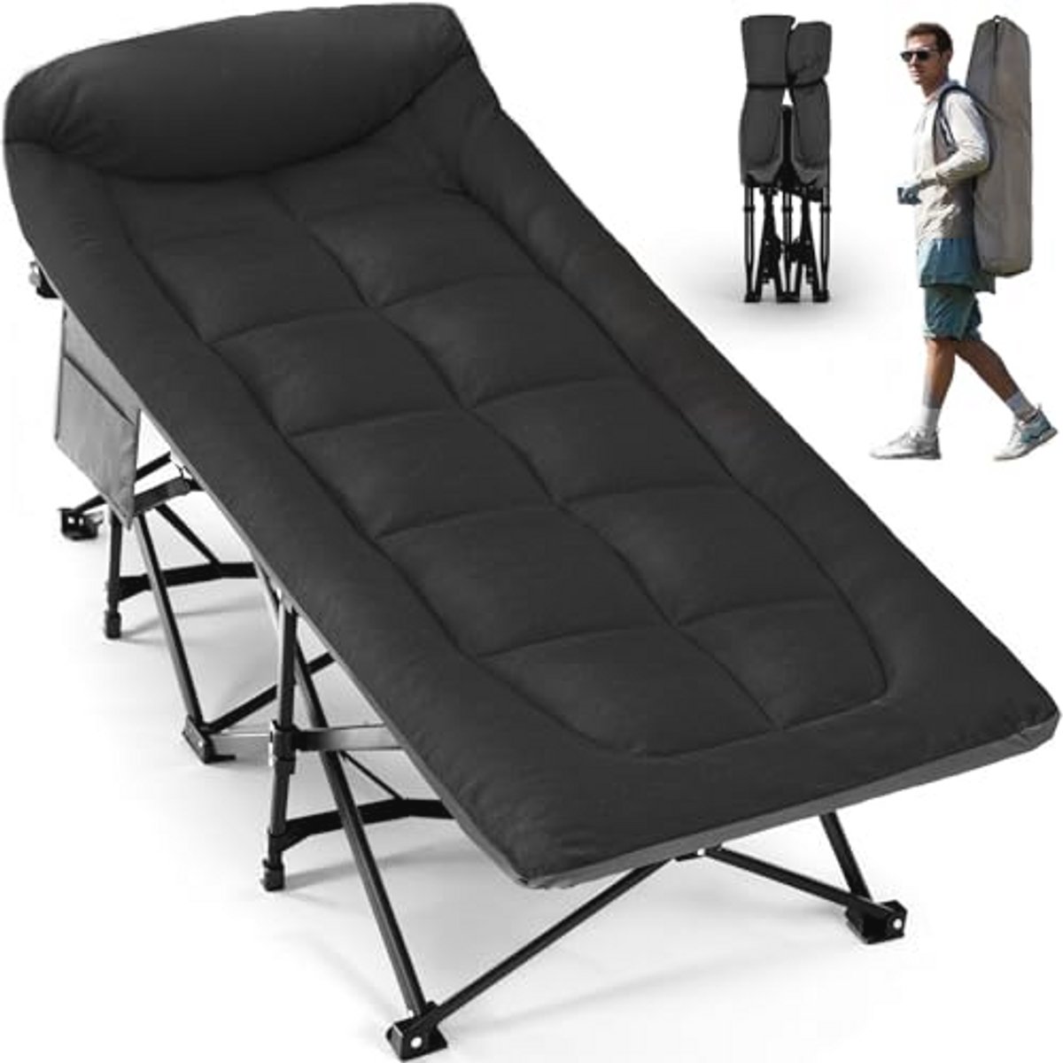 Campingbed XL - Opklapbed tot 250 kg - Antislip Eenpersoonsbed met Kussen en Draagtas voor Kamperen en Reizen - Zwart