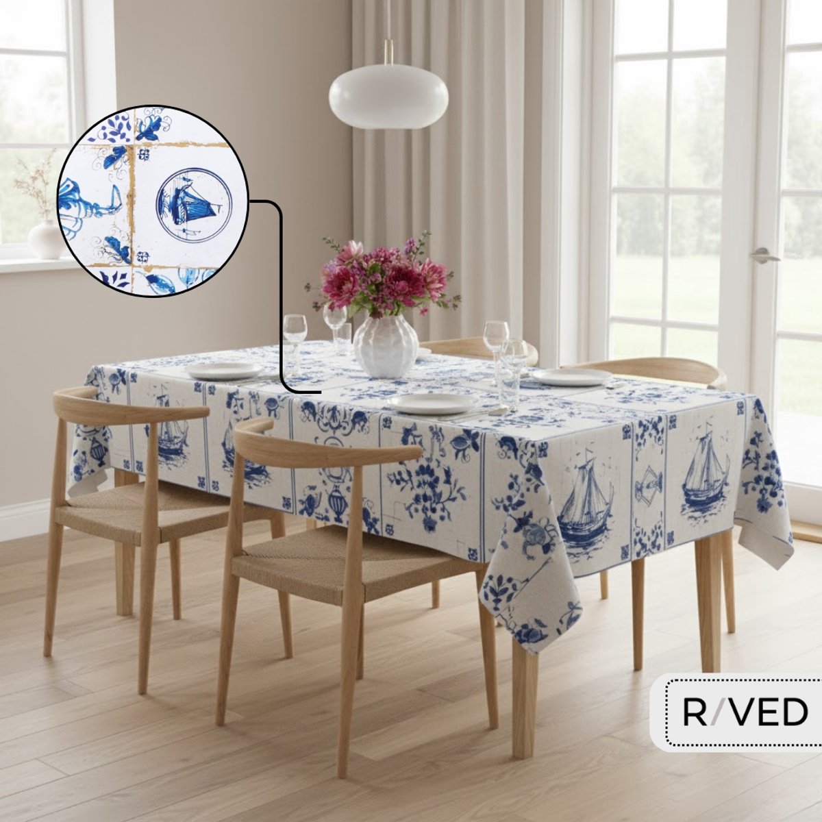 Raved Tafelzeil 140×270 cm – Delfts Tegels – Beige/Blauw – PVC – Afwasbaar