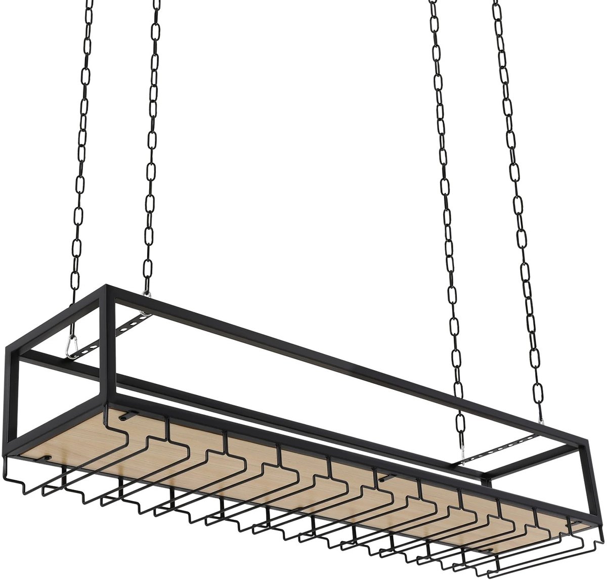 NaevaMi Wijnrek - Hangend Wijn en Wijnglas Rek voor aan het Plafond - Wijnflessen Plank - Verstelbare Hoogte - 4 kettingen - 110×25×22cm - Max 75kg