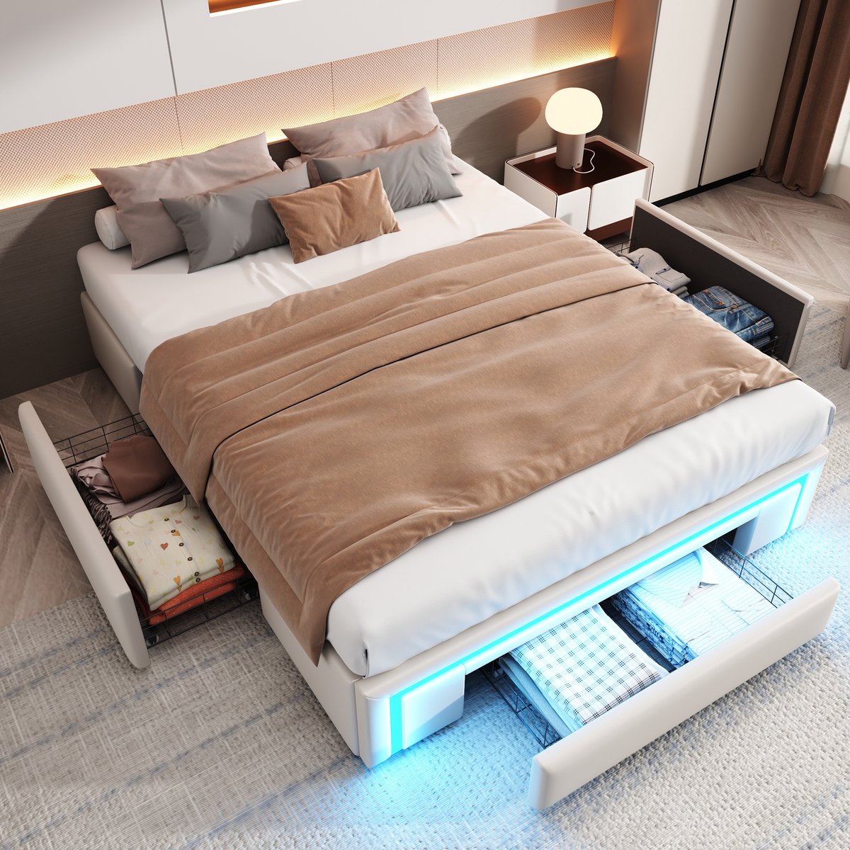 Bedframe 140X200 met lades - PU-leren bed zonder hoofdeinde Met LED-lichtstrip - Metalen lattenbodem Platformbed voor moderne slaapkamers Beige