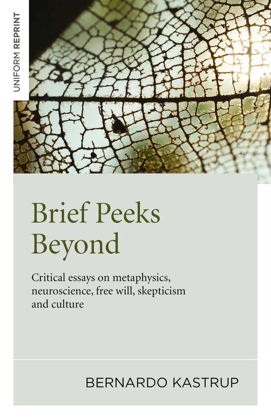 Couverture du livre 'Brief Peeks Beyond' avec titre, sous-titre et auteur 'Bernardo Kastrup'. L'arrière-plan est un gros plan d'une feuille jaunie au motif de toile.
