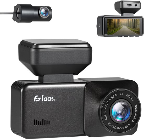 Dashcam – Wifi, GPS en Mobiele App – Dashcams – Voor en achter camera – met 64GB SD – Ultra 4K en Full HD – Dashcam voor Auto – Full HD – Zwart – Faas