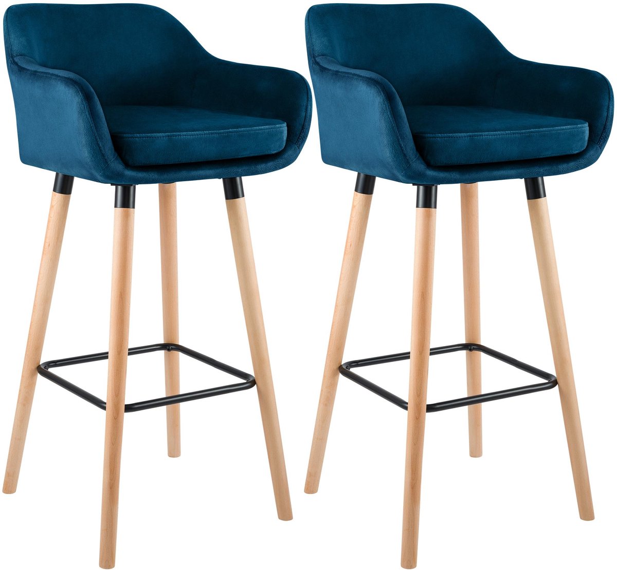 CLP Grant Set van 2 barkrukken - Met rugleuning - Moderne Barstoel - Beukenhouten Poten - Belastbaar tot 150 kg - Velvet - Fluweel - blauw/natura