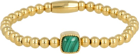 My Bendel Goudkleurige elastische bedelarmband met Malachite steen - Goudkleurige armband met Malachiet steen - Met luxe cadeauverpakking