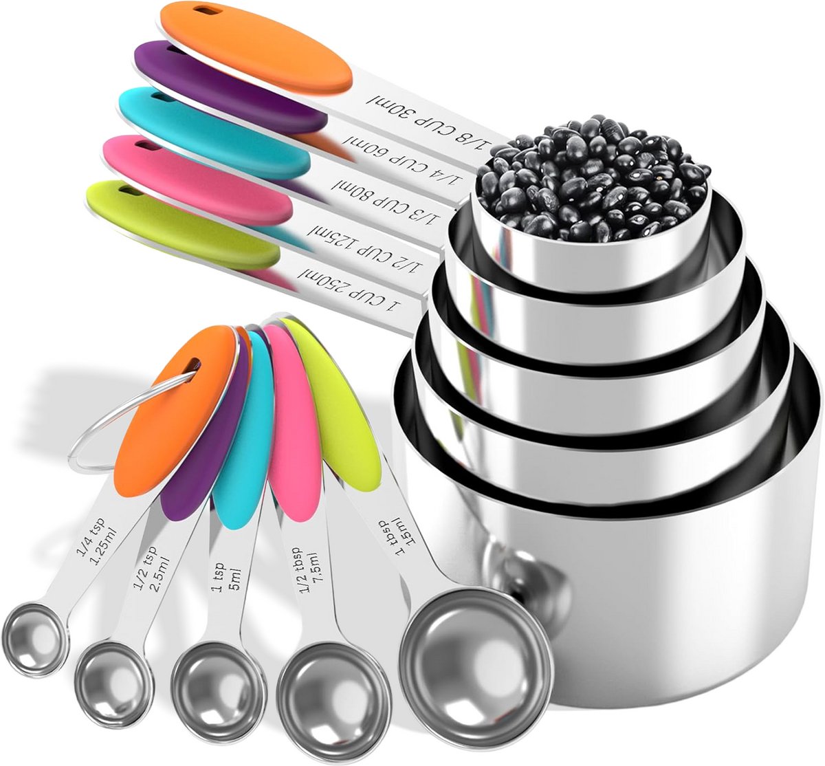 10 delige Maatbeker en Maatlepel set – Maatschepjes – 1.25ml t/m 250ml – RVS