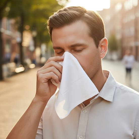 Man met gesloten ogen die een witte zakdoek aan zijn neus houdt.