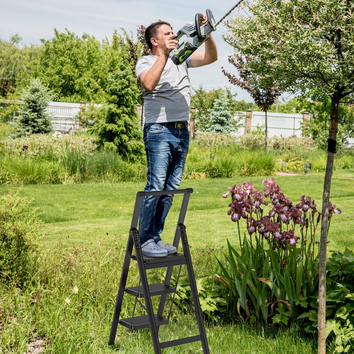 Opvouwbare Trapladder 3 Treden – Huishoudtrap met Brede Antislip Treden (30×20 cm), Stabiel & Belastbaar tot 250 kg – met Leuning – Zwart – foto 6