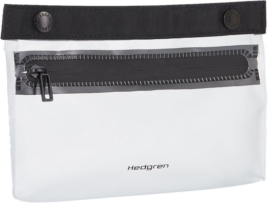 Transparante Hedgren toilettas met zwarte ritssluiting en band.