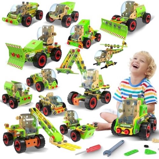 14-in-1 Bouwspeelgoedset Educatieve Constructie Kit STEM Speelgoed voor Kinderen 4-12 Jaar Bouwvoertuigen Tractor Bulldozer Graafmachine Vorkheftruck Helikopter Creatief Leren Techniek