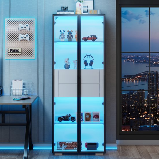 Vitrine Pugsdrly 60 x 40 x 160 cm, porte vitrée en verre trempé, éclairage LED, 2 étagères en verre, 2 tiroirs, meuble haut, meuble de salon, meuble de rangement, armoire haute, meuble sous canapé, blanc