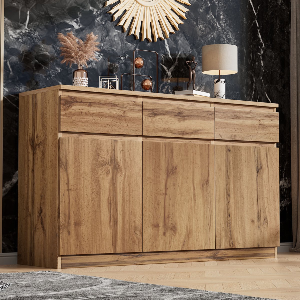 OKWISH Dressoirs - Dressoir Kasten Met 3 Deuren En 3 Laden - Ruime Multifunctionele Kast Voor Woonkamer En Keuken - 135×40×81 cm - Spaanplaat - Houtkleur