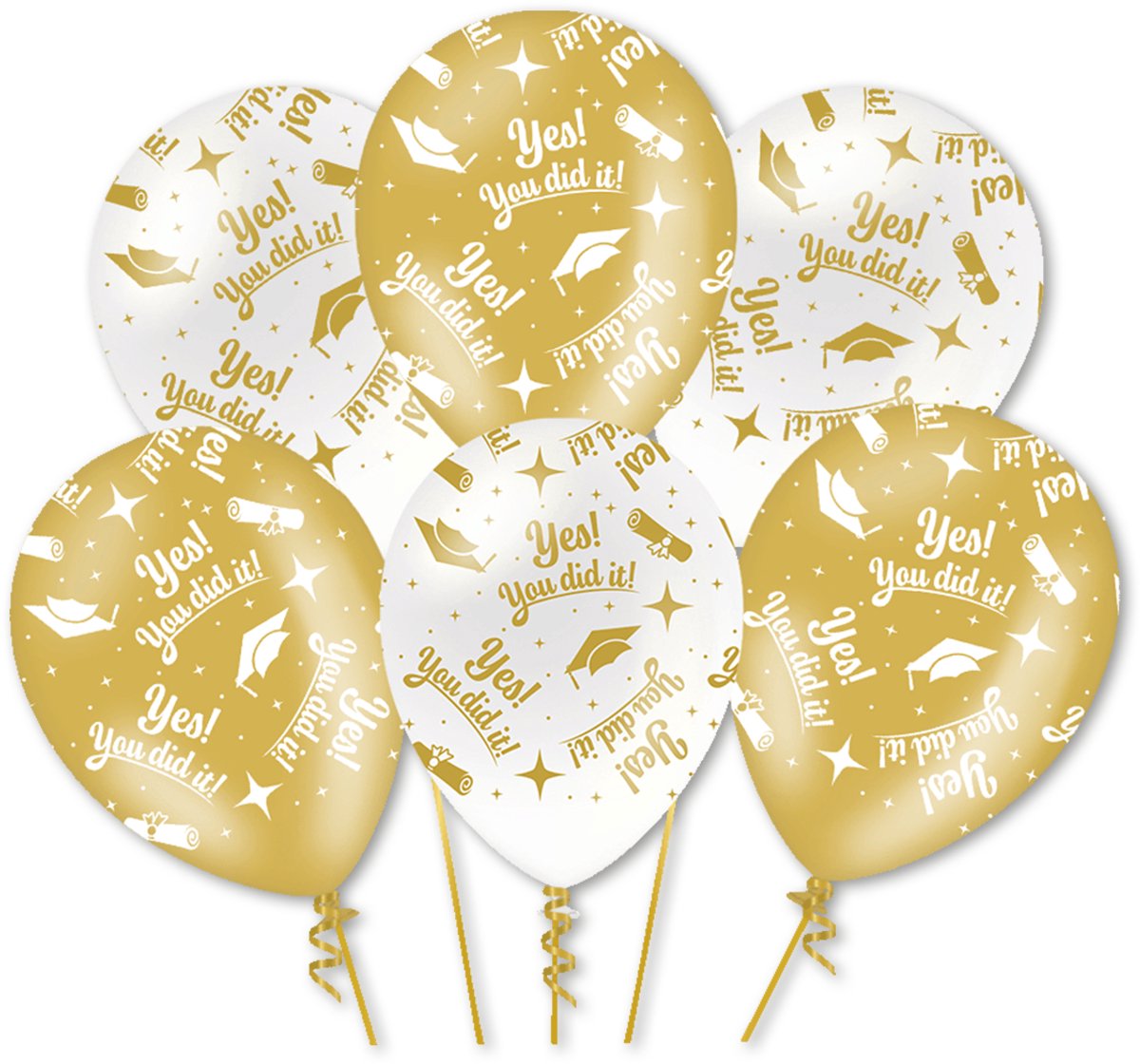 Q2P - You Did it Ballon - Geslaagd Versiering - Wit & Goud - Folie Ballon - Feest Decoratie - Helium Ballonnen - 6 Stuks