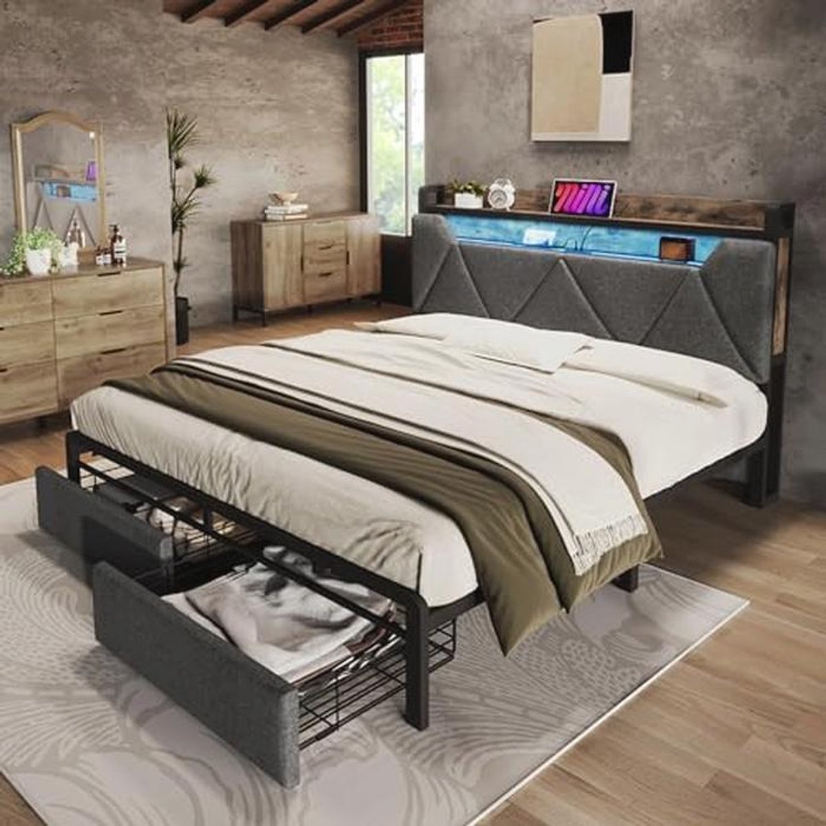 Tweepersoonsbed 160x200 met Opbergruimte, USB Oplaadfunctie, Ledverlichting en Lattenbodem - Grijs