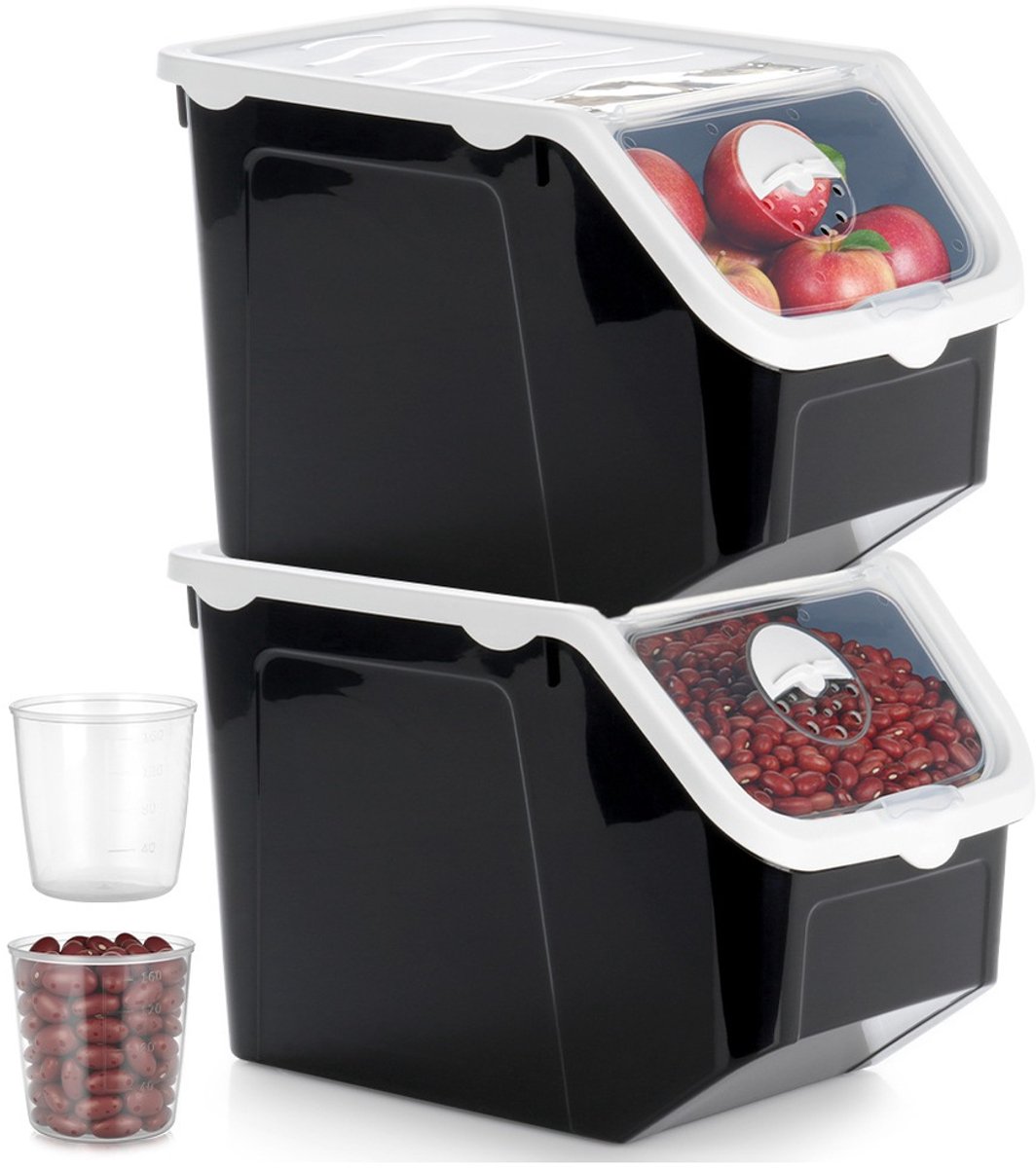 Doos voor Groenten en Fruit met Deksel Zwart 12 l 2 stuks - Aardappelbak - Aardappelpot - Bewaardoos - Container - Koelkast Organizer - Opbergbox - Fruitkist
