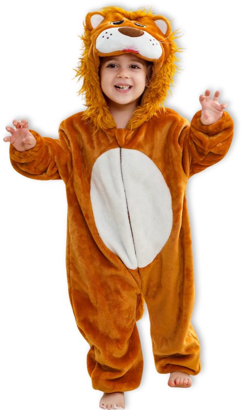 BoefieBoef Wilde Leeuw Dieren Baby Onesie Peuter Pyjama Kinderen 6 maanden - 2 jaar – Verkleedkleding met Luierrits – Carnaval Dierenpak - Kerst en Kraamcadeau Tip – Flanel - Romper - Boxpak - Jongen - Meisje - Kruippak - Winterpak