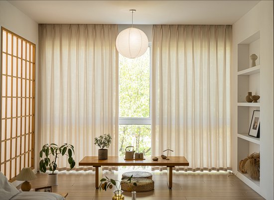 Floraweg Rideaux semi-transparents en poly-lin avec texture, rideaux unis avec anneaux à voile pour portes-fenêtres, beige, Met haakjes ringen, 140x160cm