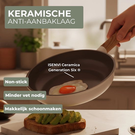 Une main tient une poêle beige avec une poignée en bois, montrant un œuf au plat et une tartine à l'avocat.