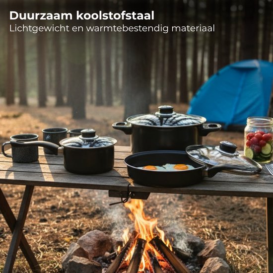 Lomera Camping Pannenset - Koken Tijdens Kamperen - Anti-Aanbaklaag - Geschikt voor Gas - 4-Delige Pannenset - Braadpan en Koekenpan - Koolstofstaal Materiaal - Kampeer Kookset - Set Camping Pan - Camping Kookgerei — afbeelding 3
