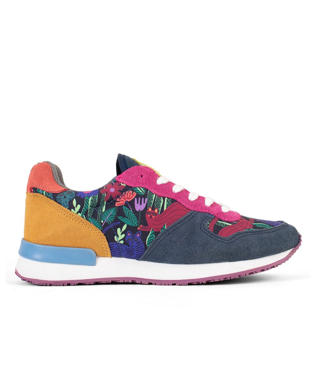 Inkkas Sokoke dames sneaker – comfortabele suède sneaker met kattenprint – magenta/blauw/geel/groen, Maat 41