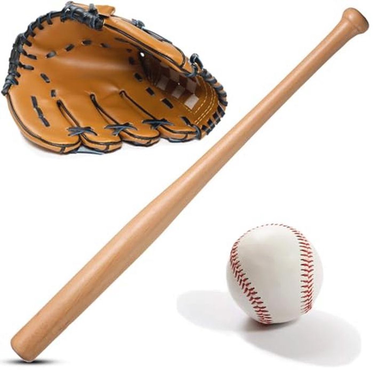 Honkbalset met houten knuppel, handschoen en oefenbal