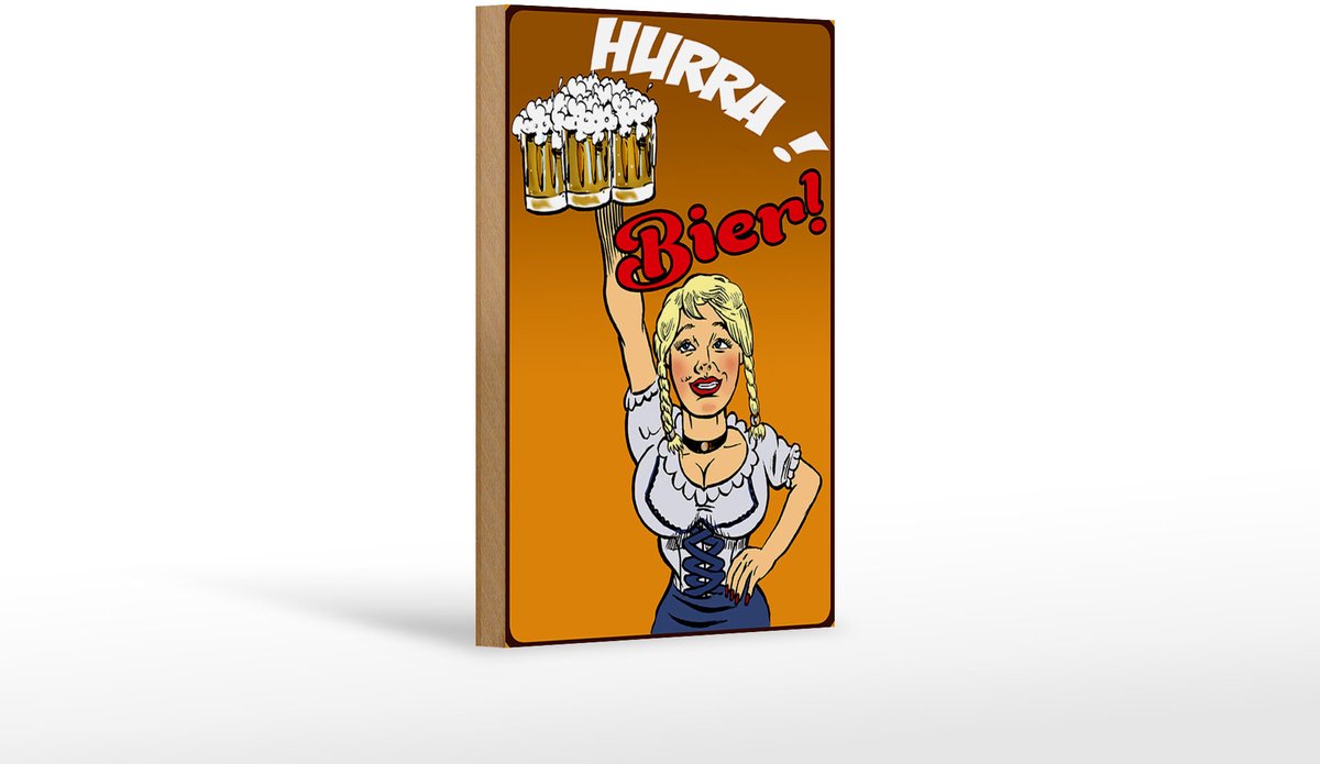 Holzschild Pinup 12x18 cm Hurra Bier