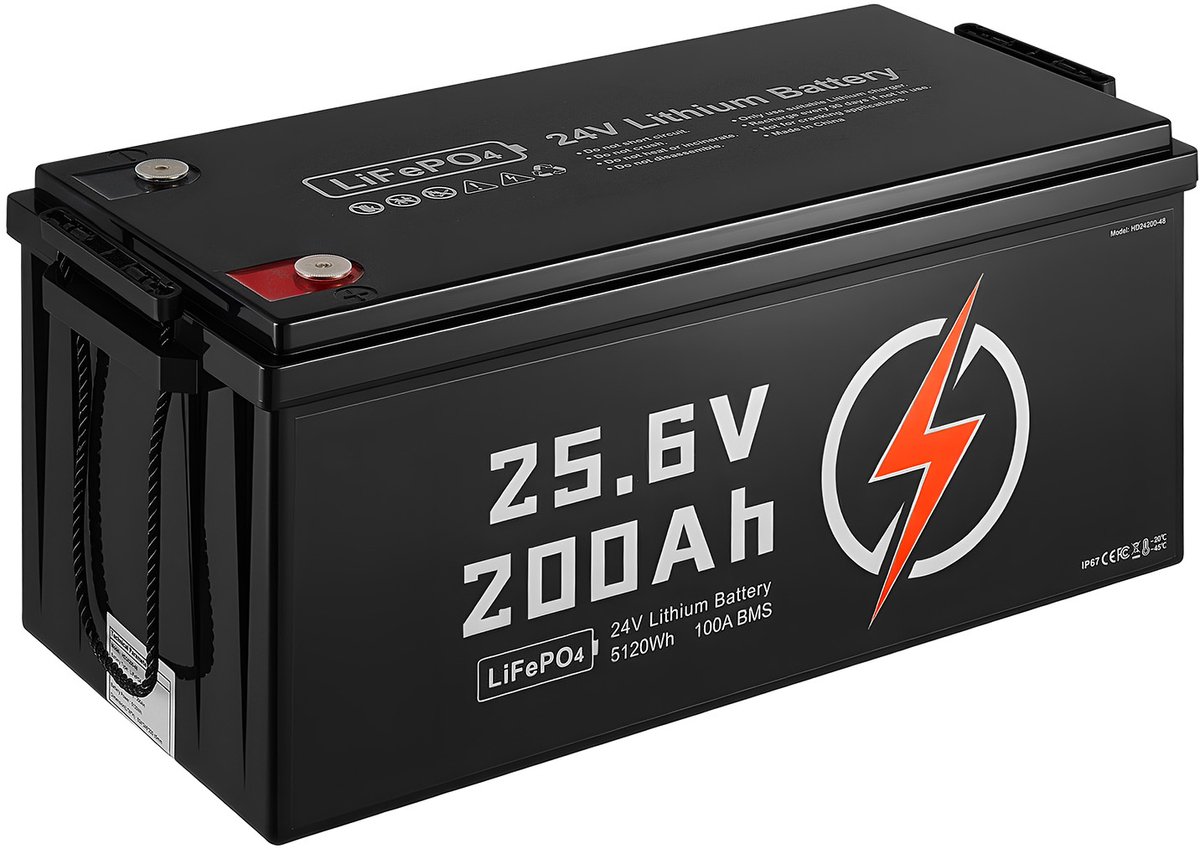 24V 200Ah LiFePO4 Lithium Accu met 100A BMS, Opladbare Diepcyclus Accu met Lage Temperatuur Bescherming, 4000+ Opladcycli, 5120Wh Capaciteit, Ideaal voor campers, Caravans, Maritiem Gebruik en Trolling Motors