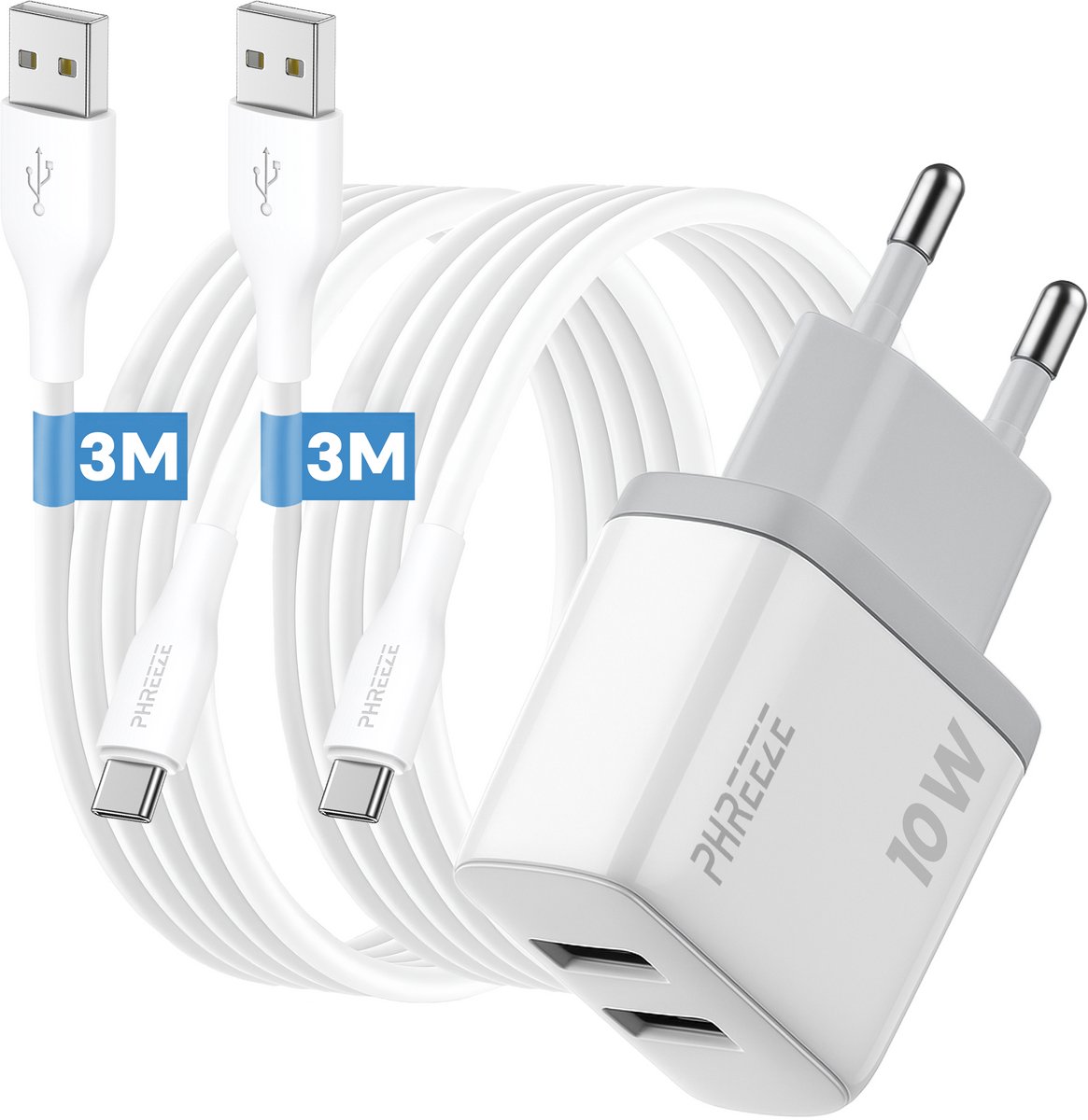 Phreeze usb power adapter 2.4 A - Dubbele usb poorten - 12 W oplaadset met 2 usb C kabels 3m - Oplader voor controller en camera