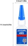Fles LOOLIFL 495 secondelijm met blauwe dop, met afmetingen 11.1cm x 3.5cm.