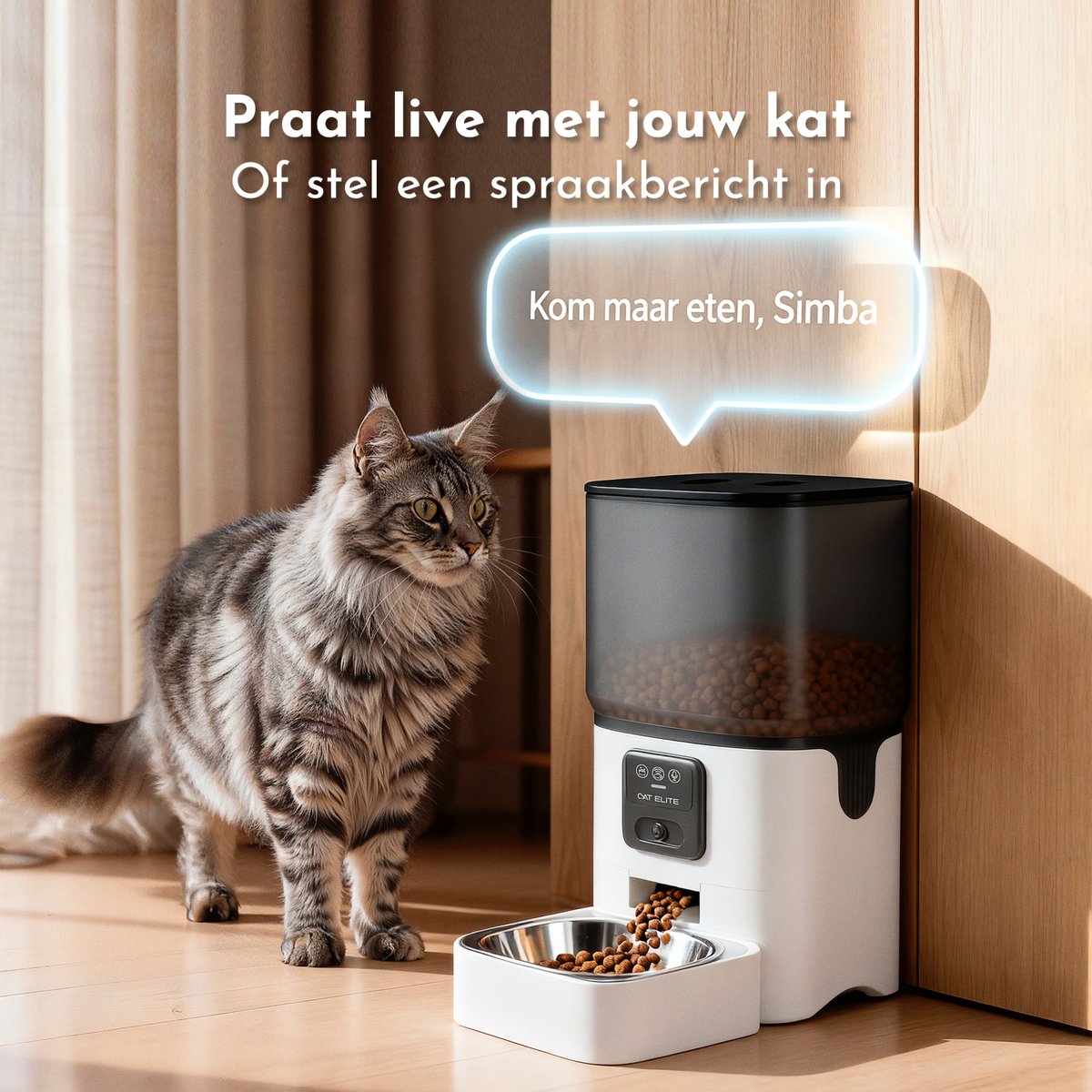 CatElite® - Automatische Voerbak Kat | Sync - 6L Voerdispenser RVS - HD Camera & Audio - Dual WiFi 5Ghz & 2.4Ghz - Night Vision - Voerautomaat Dispenser met Smart App - Voor Droogvoer - Wit thumbnail 3
