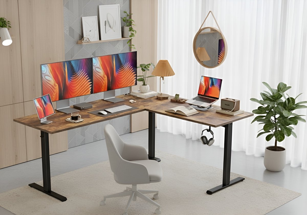 Elektrisch In Hoogte Verstelbaar L-Vormig Bureau 160x140 cm – Ergonomisch Hoekbureau met Geheugenfunctie & Anti-Botsing – Sta Zit Bureau voor Kantoor & Thuiswerkplek – Bruin Hout & Stalen Frame – HomeByNicole